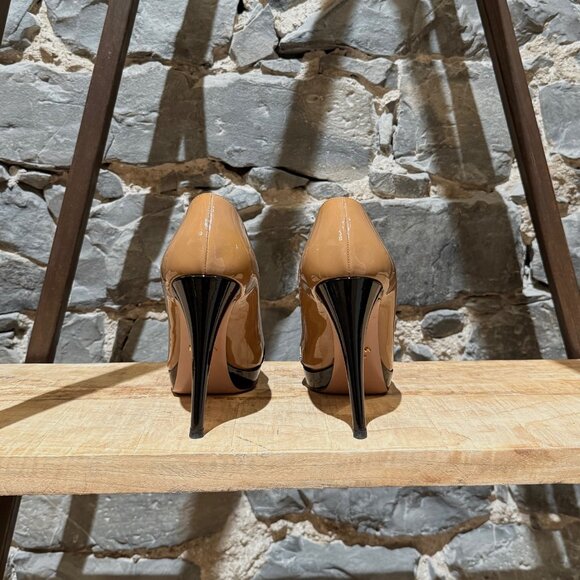 Prada Beige Black Patent Open Toe Pumps - Picture 5 of 10